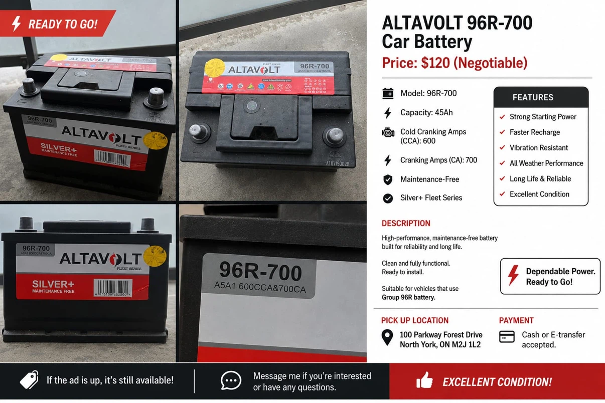 ALTAVOLT 96R-700 Car Battery – 600 CCA – Excellent Condition