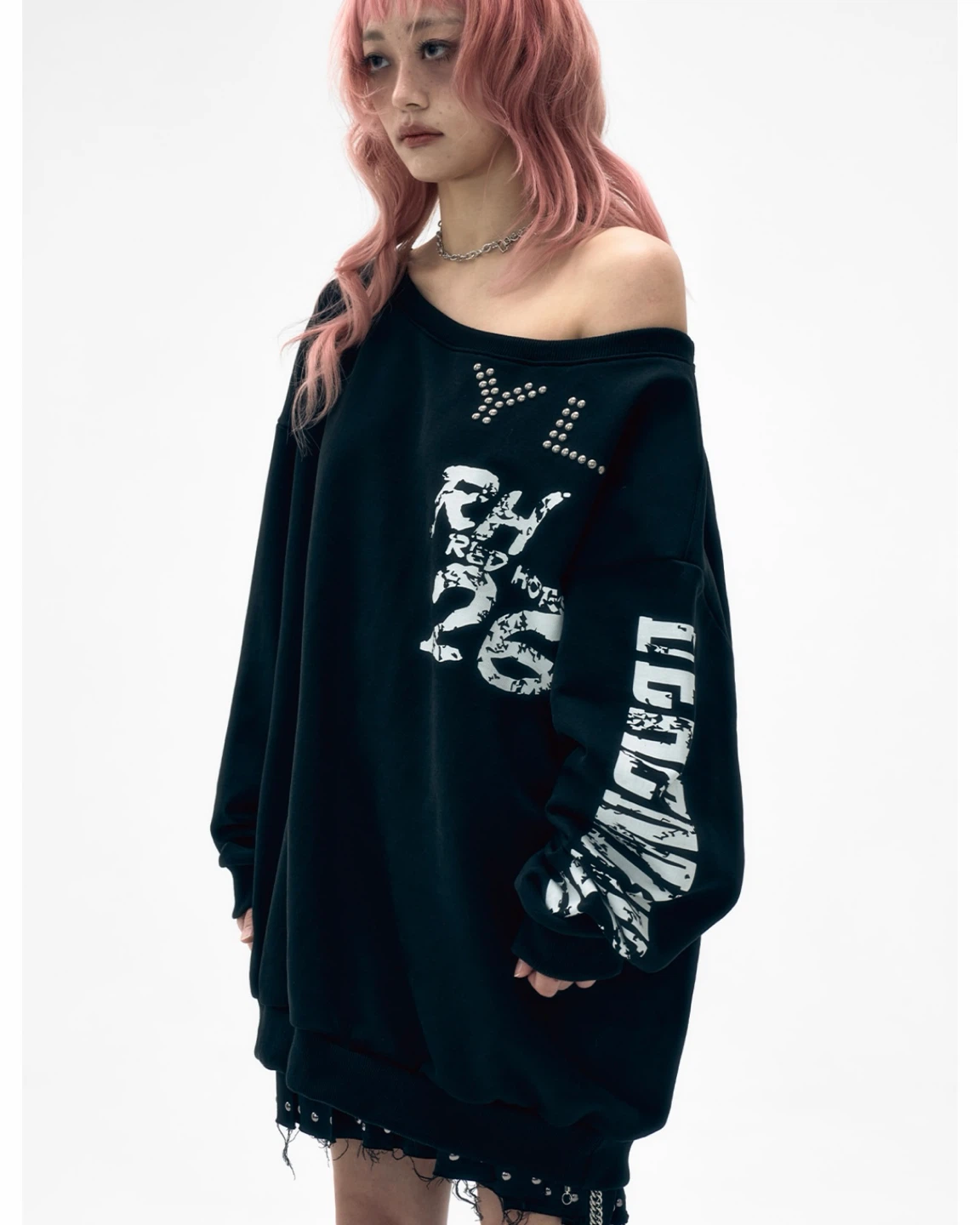 STUDDED OFF-SHOULDER SWEATSHIRT BLACK - photo 3