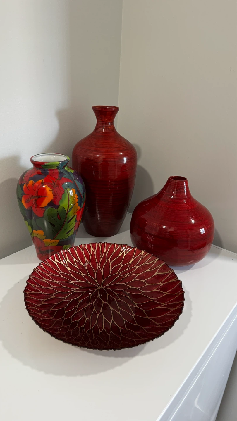 Large Red Decorative Vases and Bowl Set