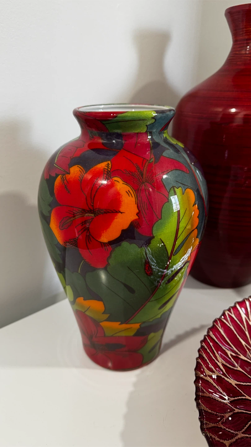 Large Red Decorative Vase and Bowl Set