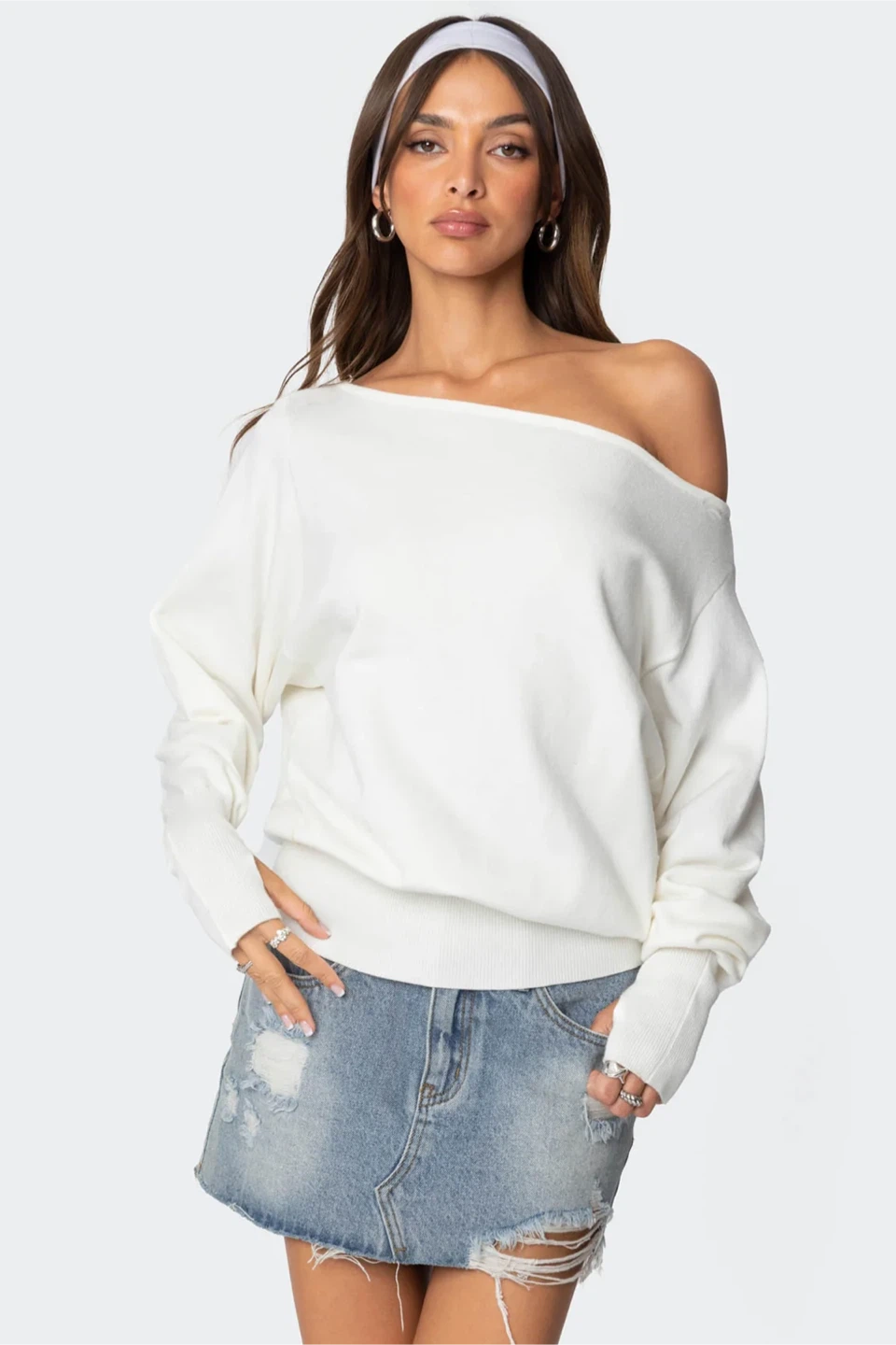 Edikted White Off-the-Shoulder Knit Sweater