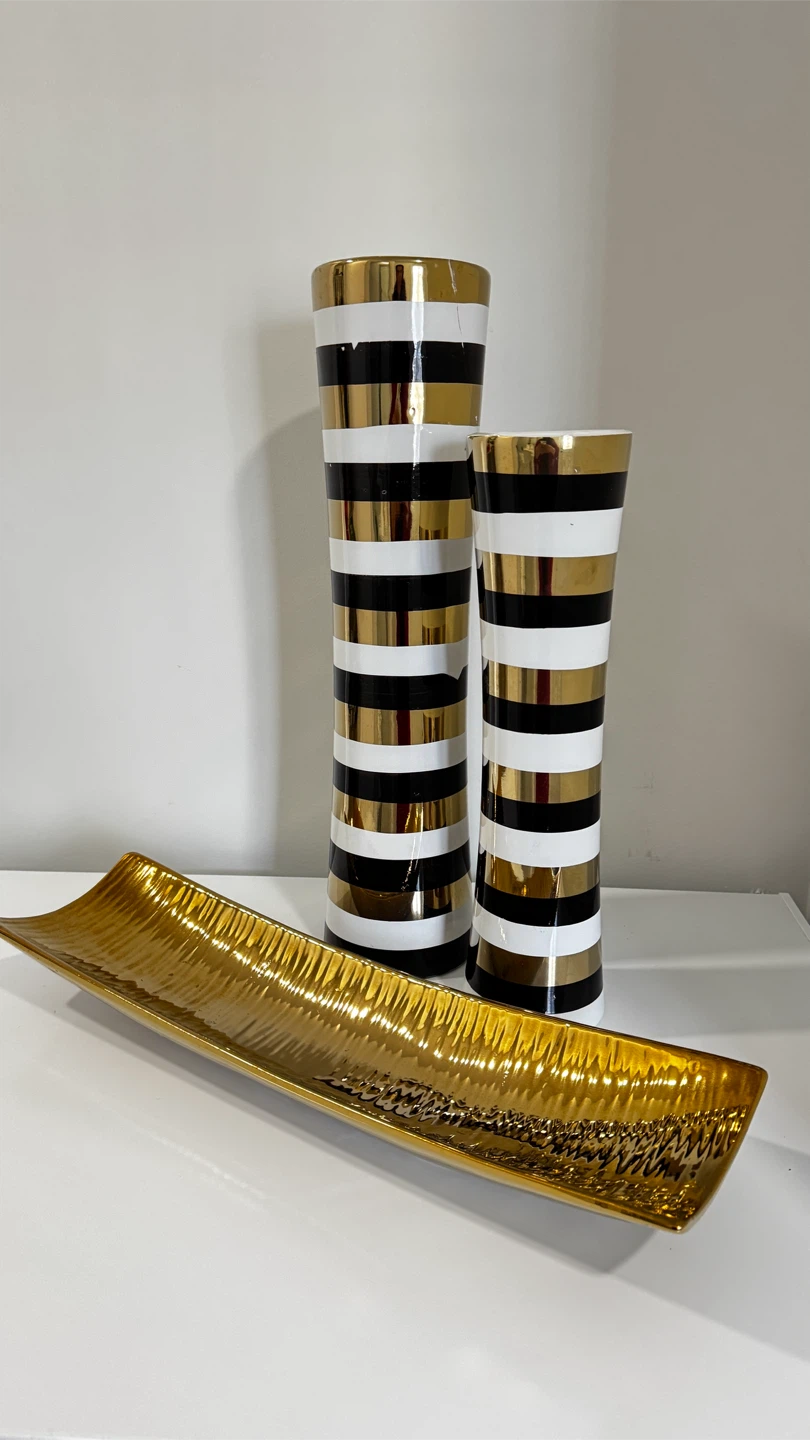 Set of 2 Striped Vases and Gold Tray