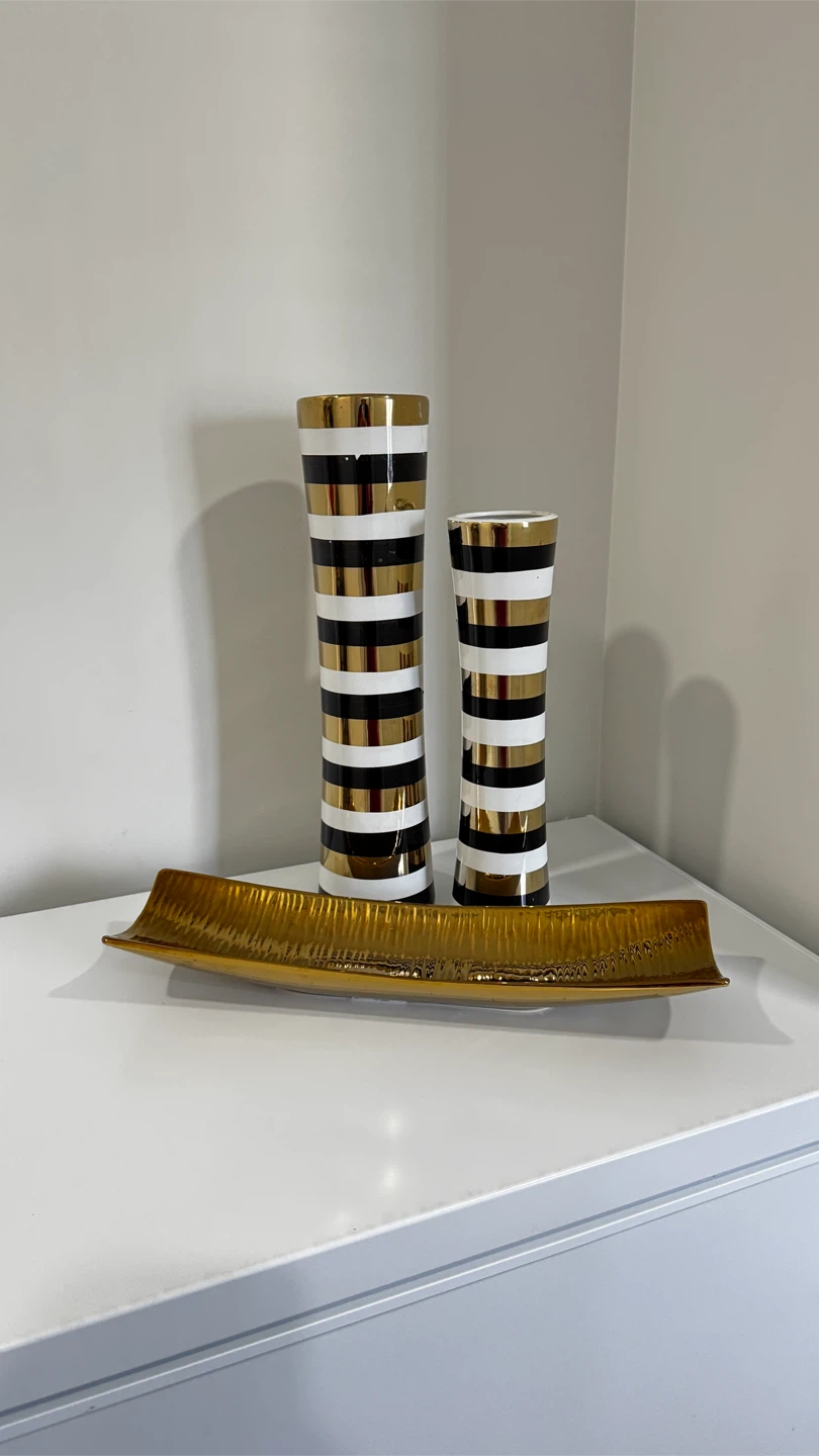 Set of 2 Striped Vases and Gold Tray - photo 3