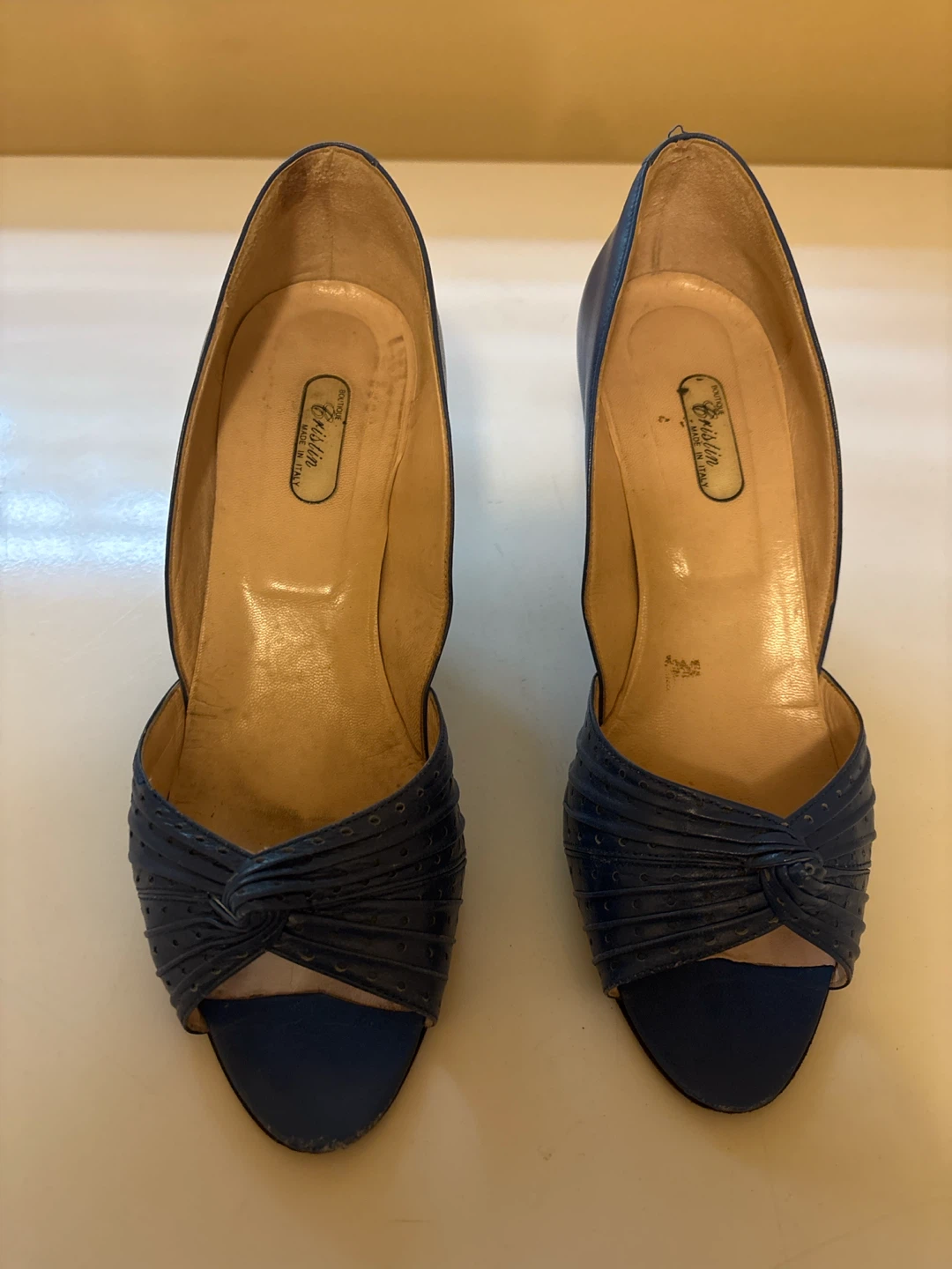 Blue Leather Peep-Toe Heels
