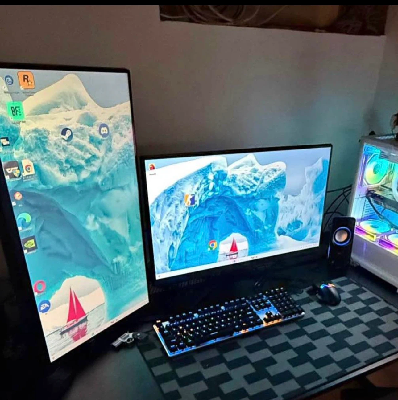 Dual Gaming Monitors with RGB Keyboard and Mousepad