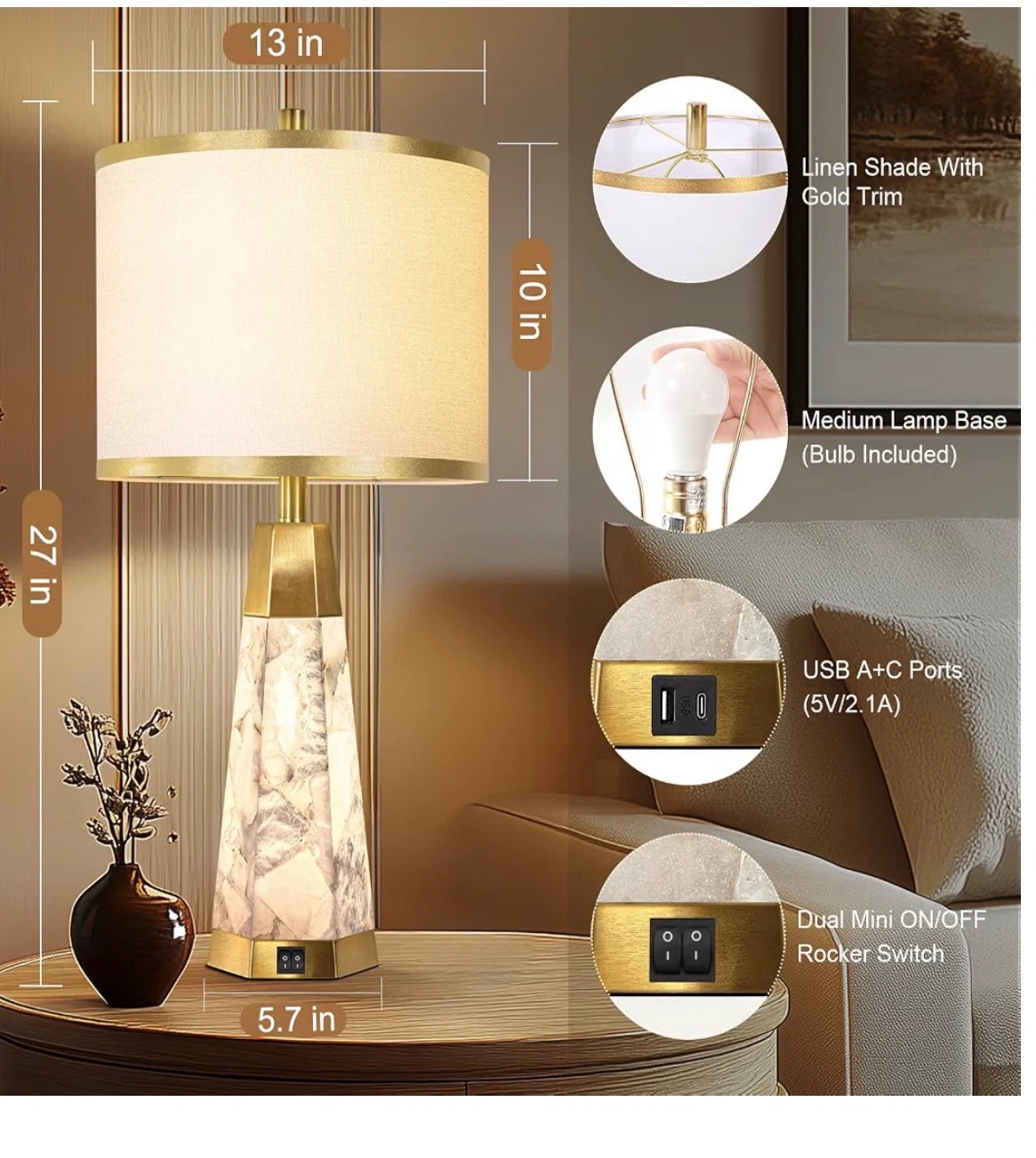 Set of 2 Gold Bedside Lamps with USB Ports
