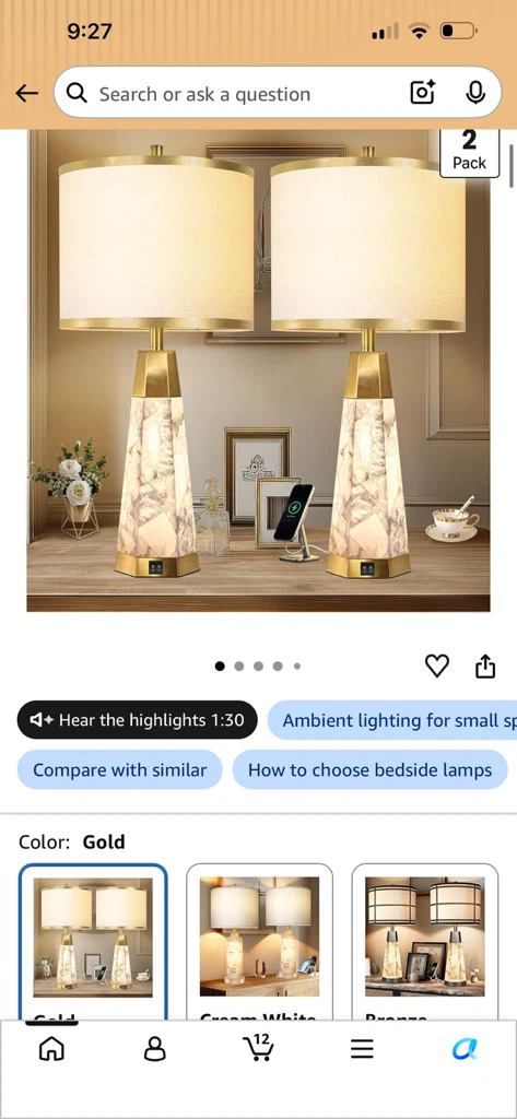 Set of 2 Gold Bedside Lamps with USB Ports - photo 2