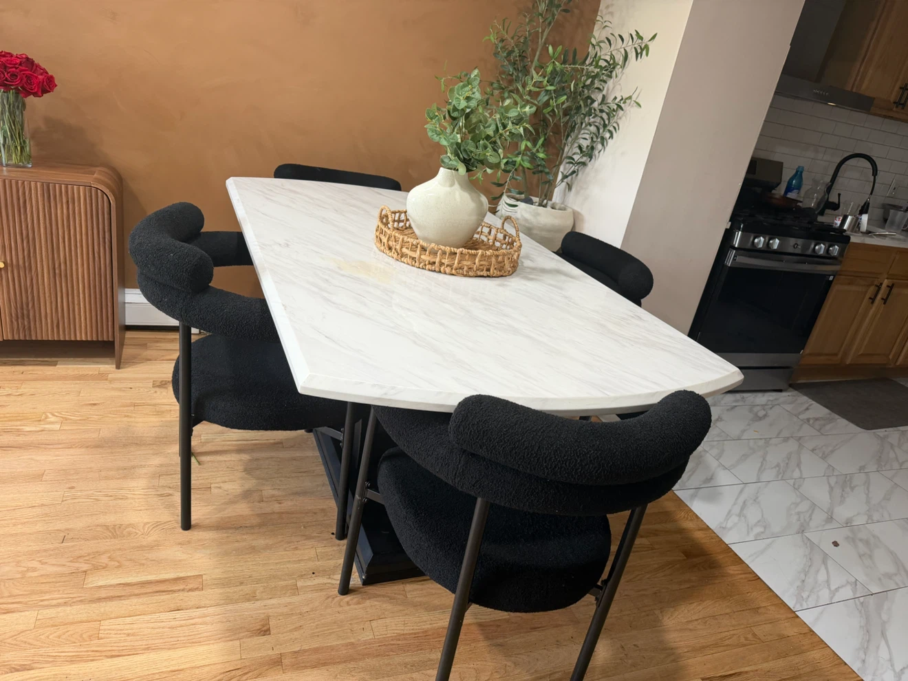 Marble Dining Table with Black Boucle Chairs - photo 2