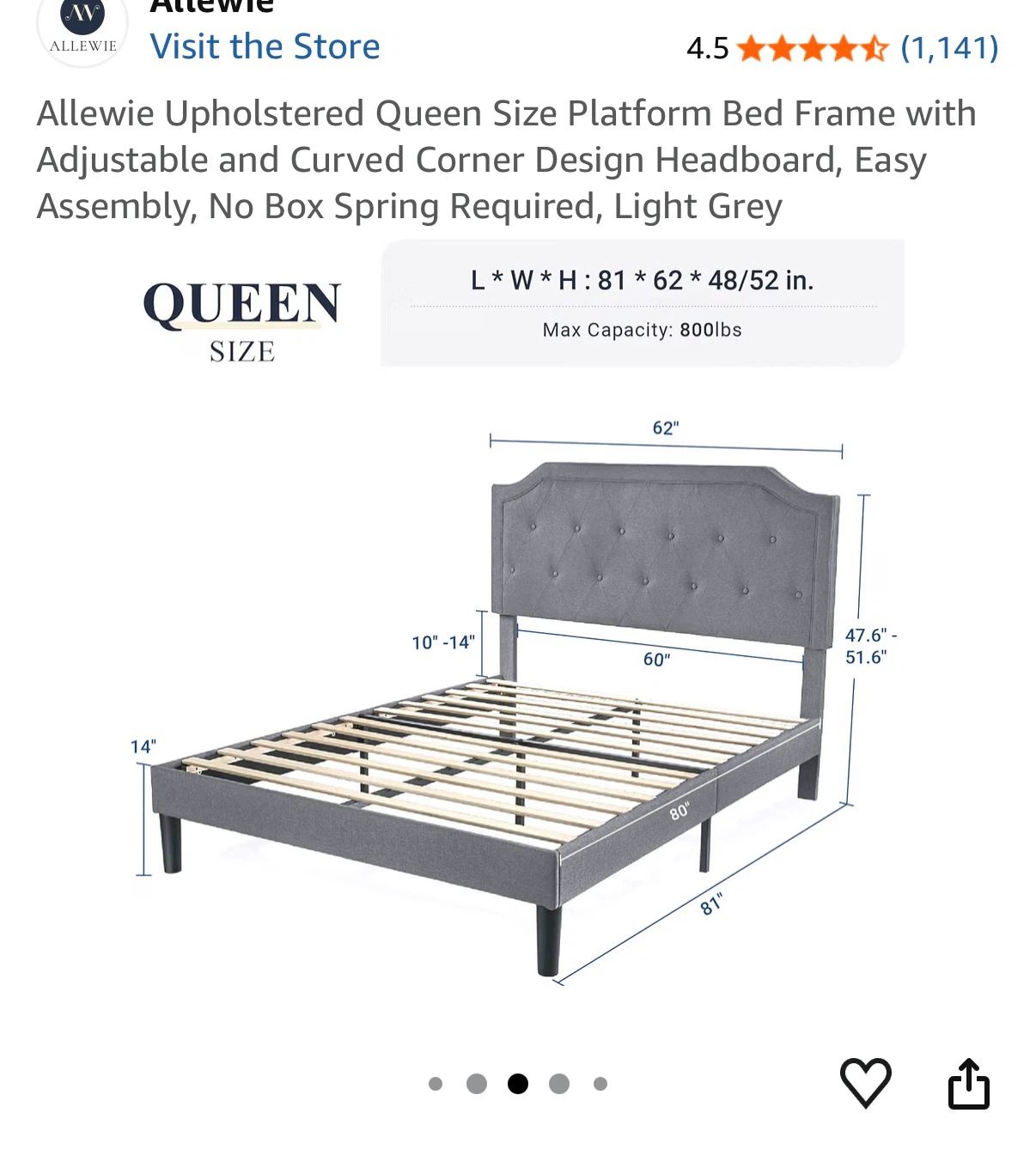 Allewie Upholstered Queen Size Platform Bed Frame - Light Grey