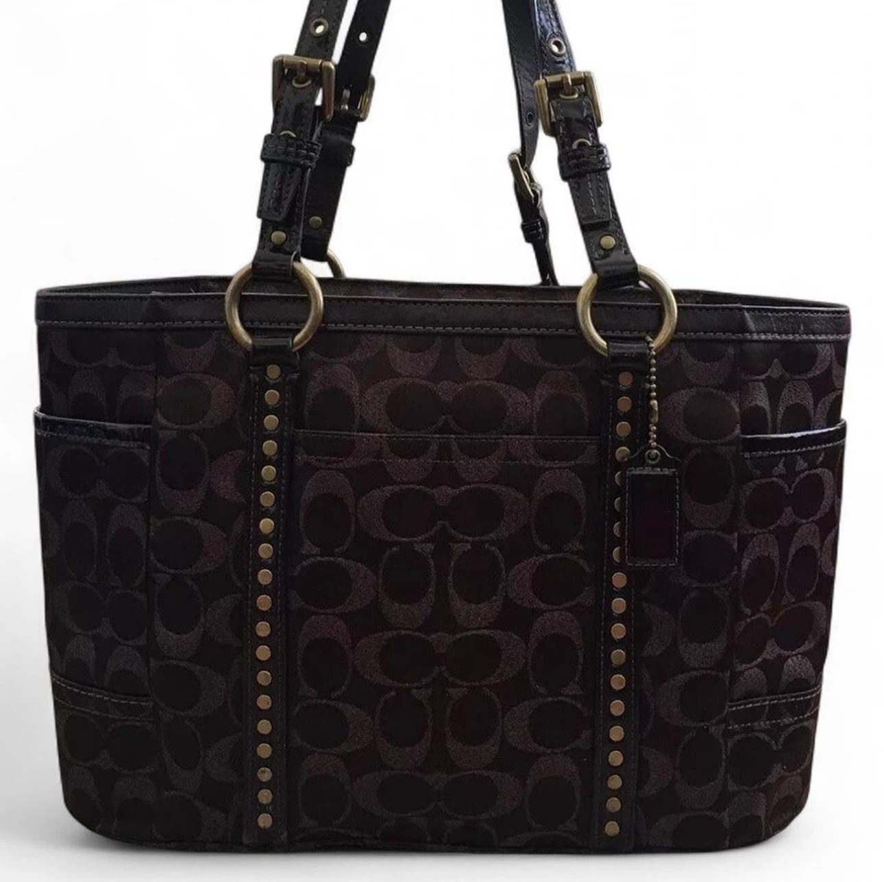 Coach Signature Studded Chocolate Tote Bag