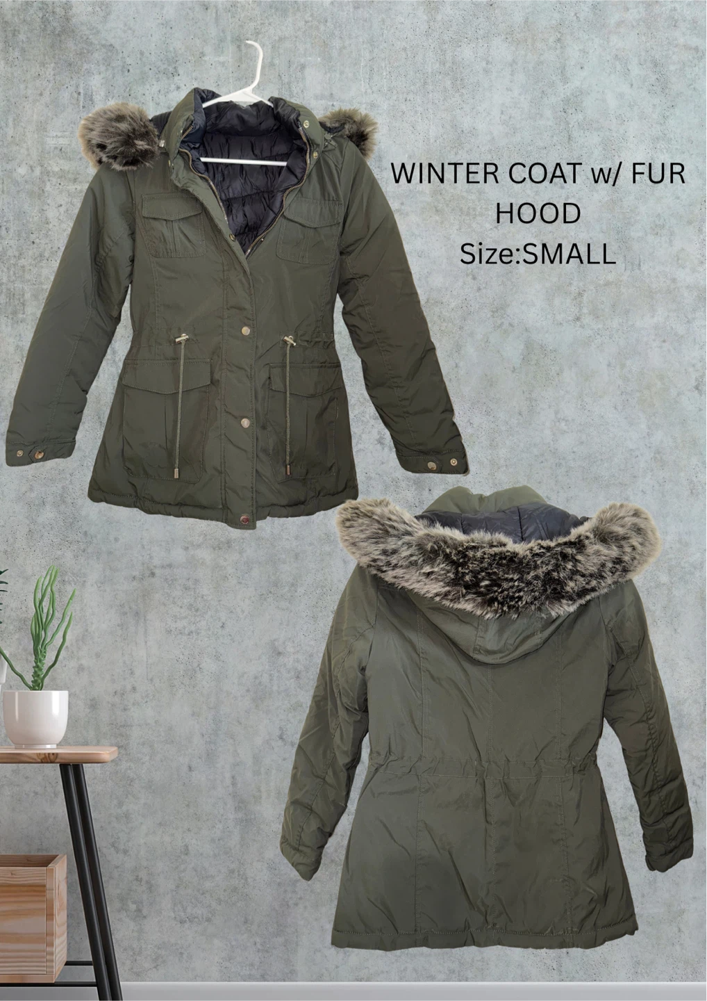 Olive Green Winter Coat with Fur Hood - Small