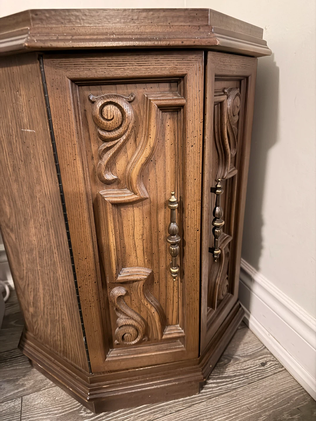 Vintage Hexagonal Wood Accent Table with Carvings