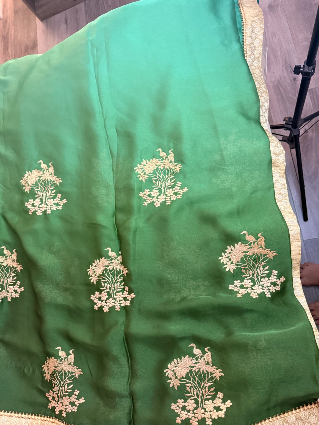 Green embroidered silk dupatta with gold trim