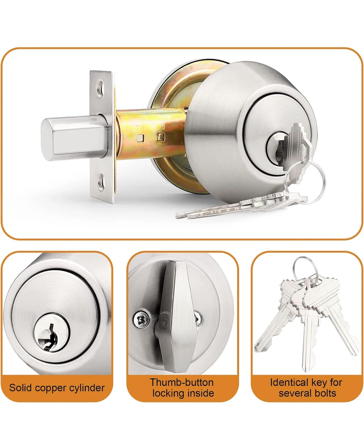 ProBrico Single Cylinder Deadbolt Lockset - Brushed Nickel - photo 3