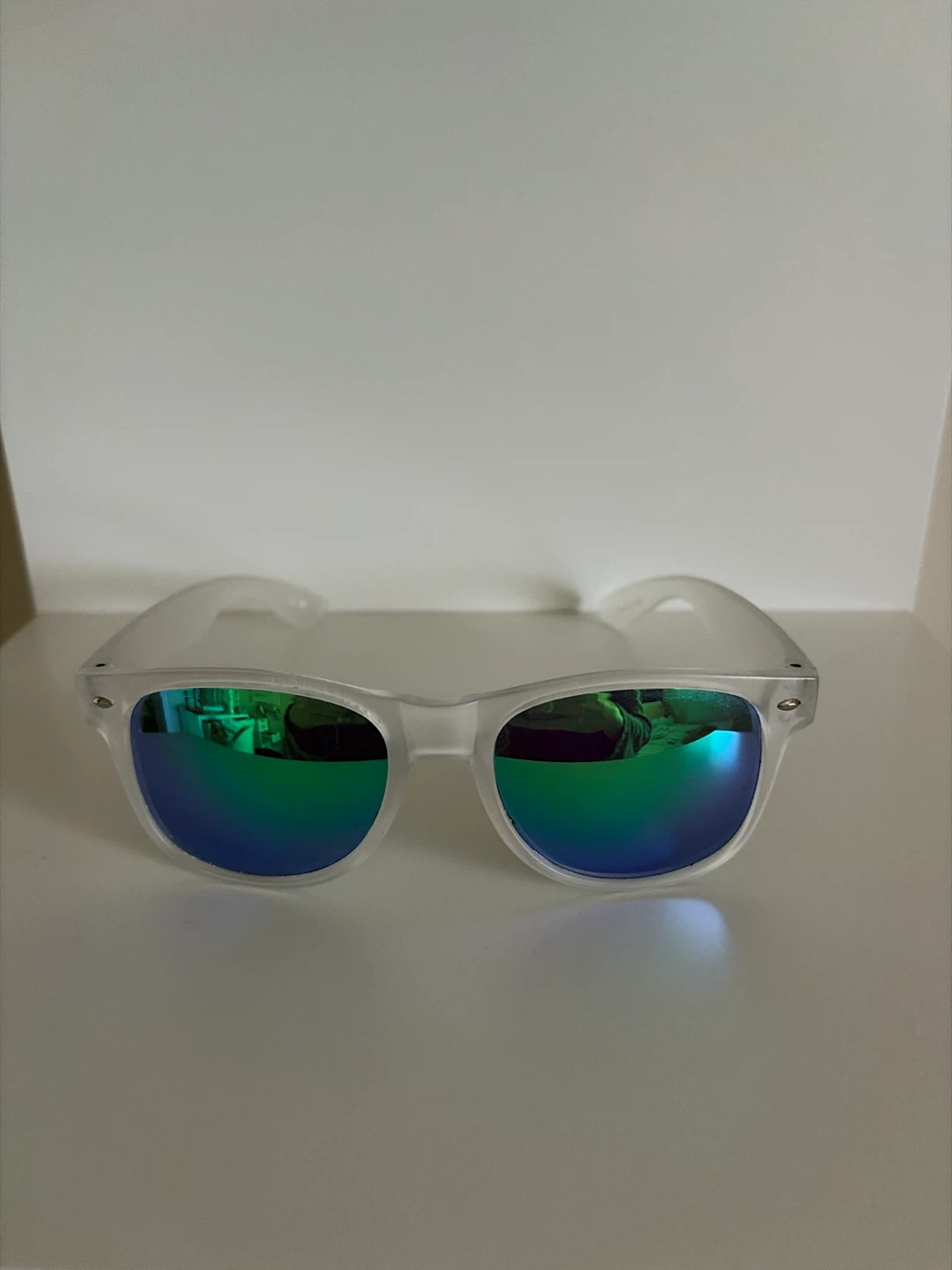 Clear Frame Sunglasses with Green/Blue Mirrored Lenses