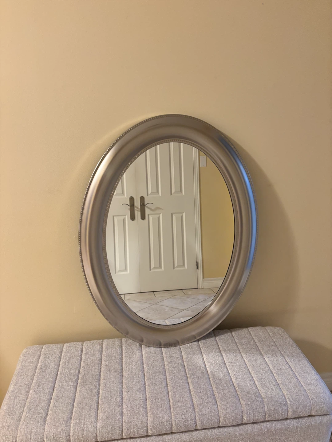 Oval Beveled Wall Mirror – Brushed Silver Frame