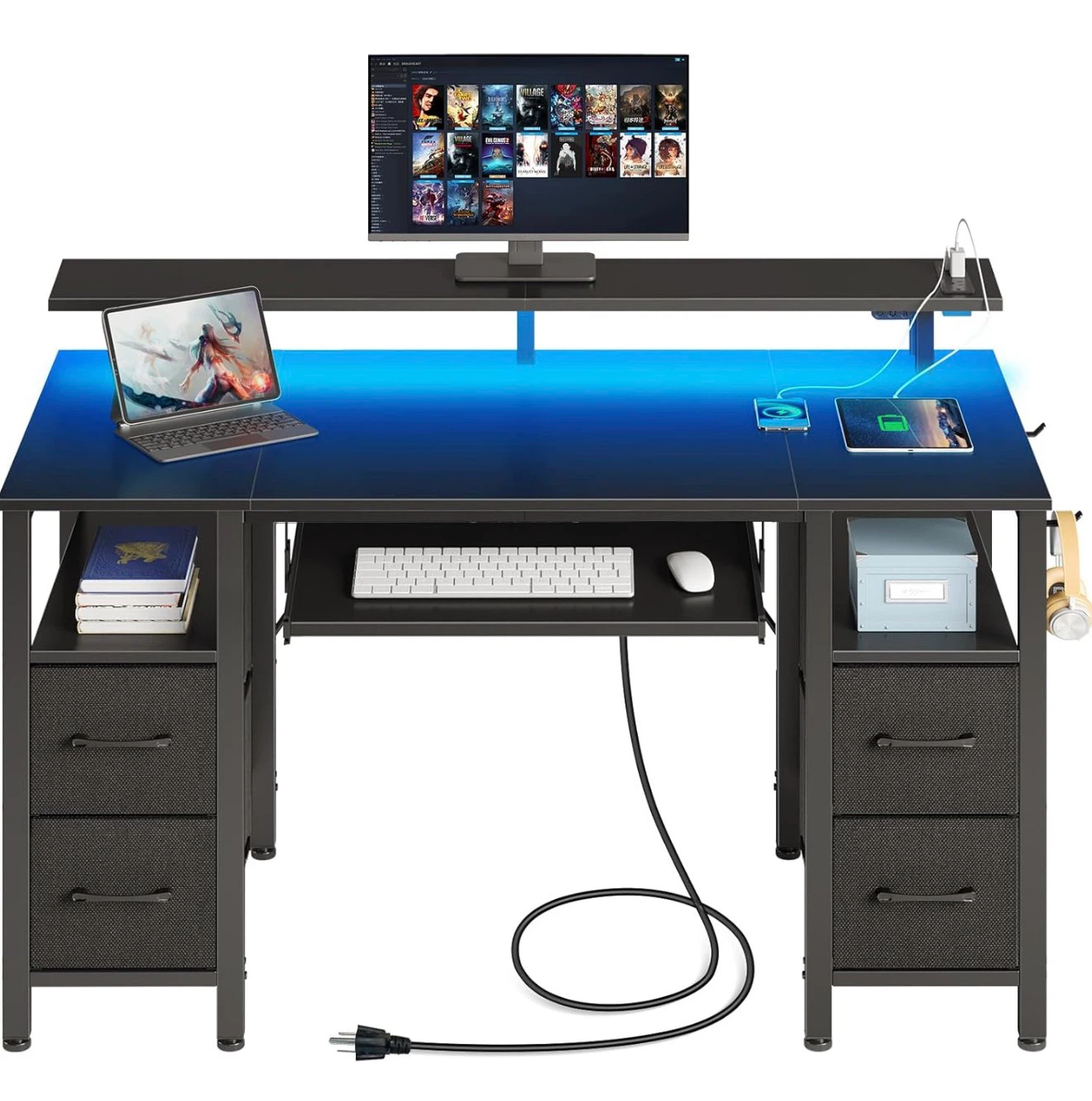 Gaming Desk with Shelving and Drawers