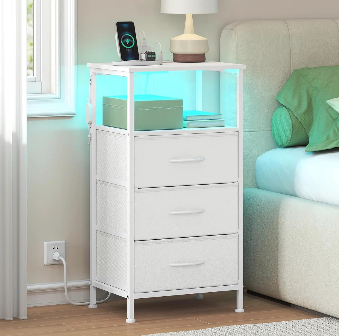 White Nightstand with 3 Drawers and LED Light