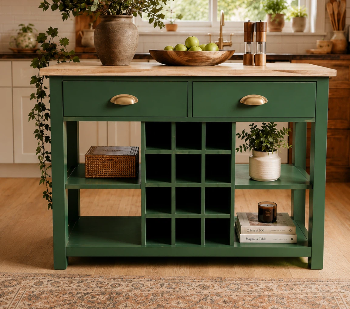 Green Kitchen Island with Wine Rack and Drawers