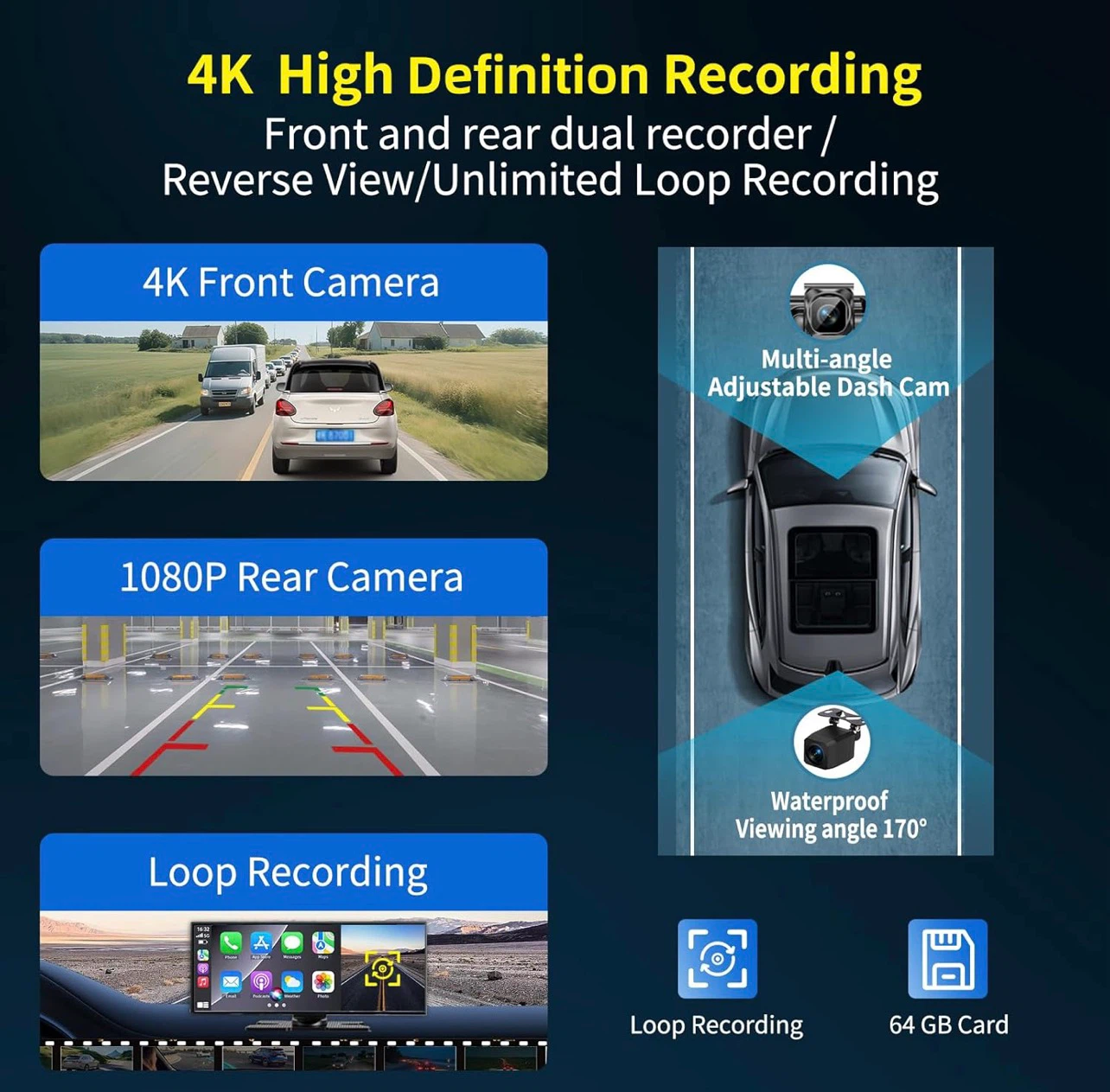 11.5” Wireless CarPlay. Auto HD Touchscreen w/ 4K Dash Cam - photo 4