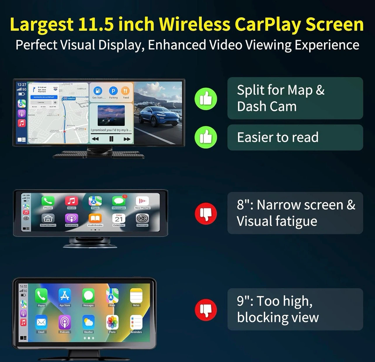 11.5” Wireless CarPlay. Auto HD Touchscreen w/ 4K Dash Cam - photo 5