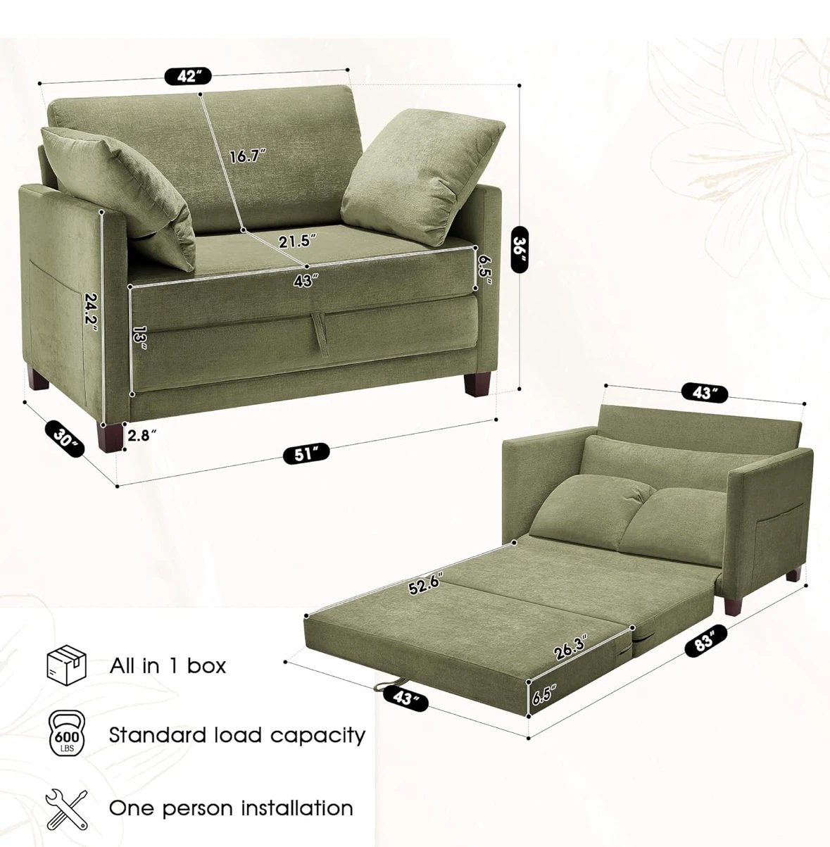 convertible couch 51" - photo 2