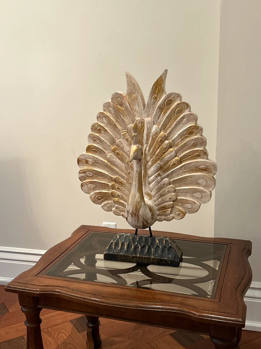 Carved Peacock Figurine with Gold Accents