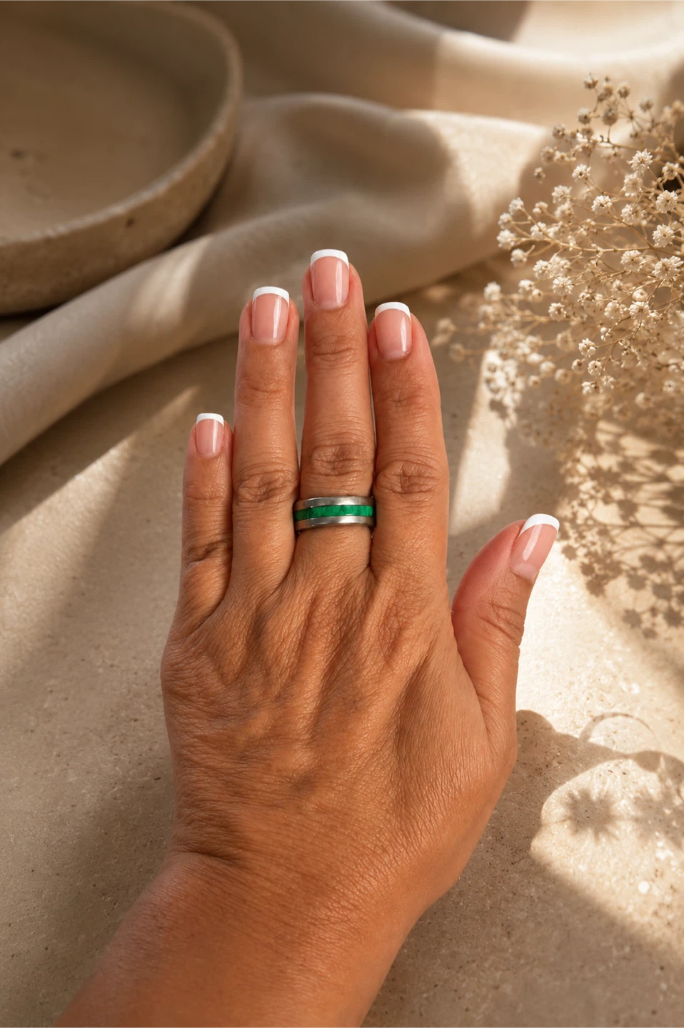 Green inlay band ring