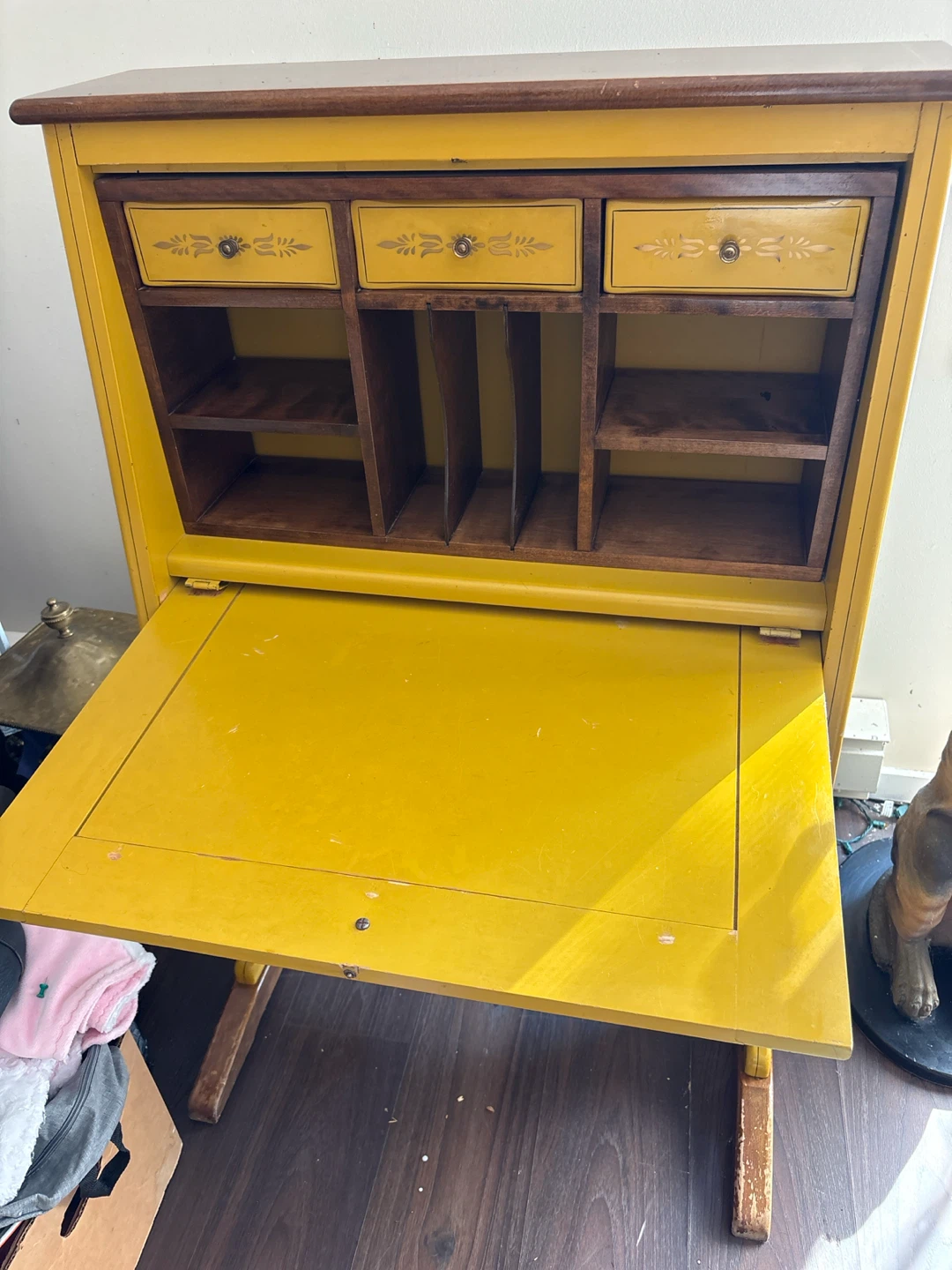 Yellow Secretary Desk with Drawers and Shelves - photo 2