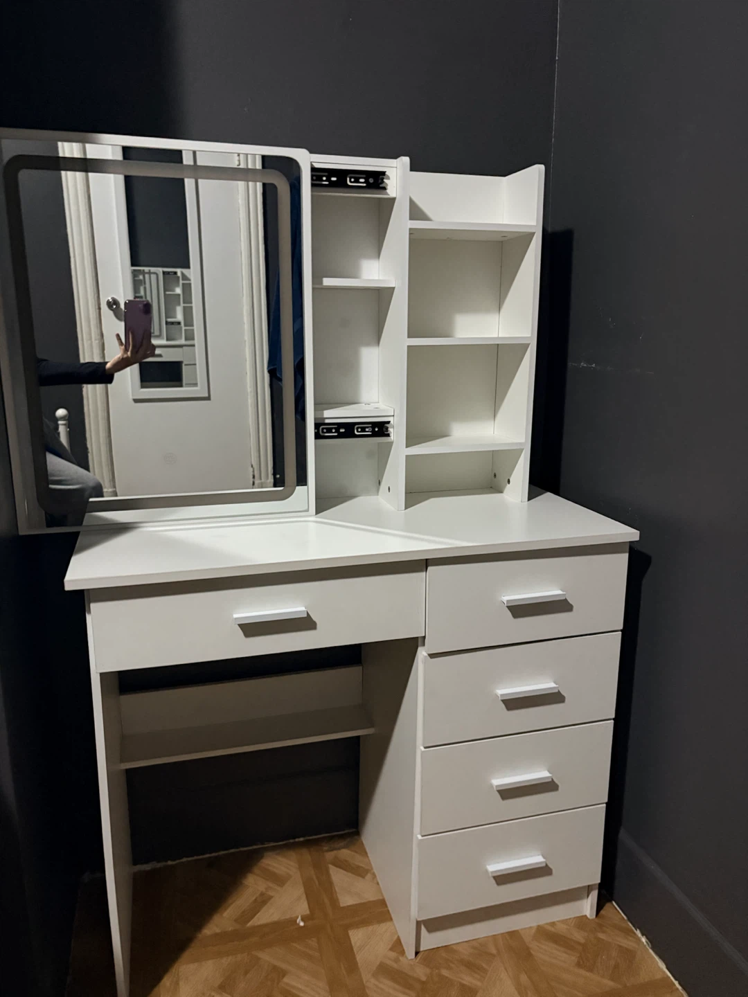White Vanity Table with Mirror and Shelves