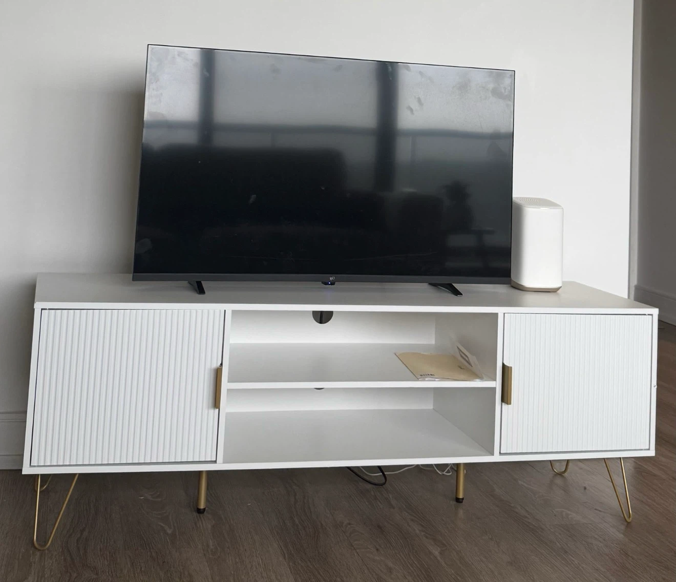 White TV Stand with Gold Legs