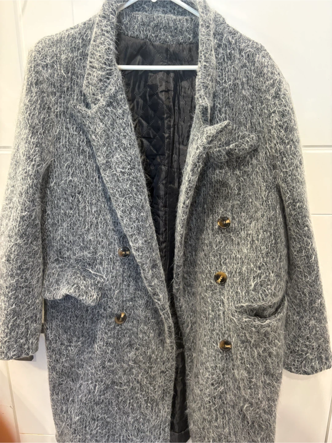 Grey Textured Double-Breasted Coat