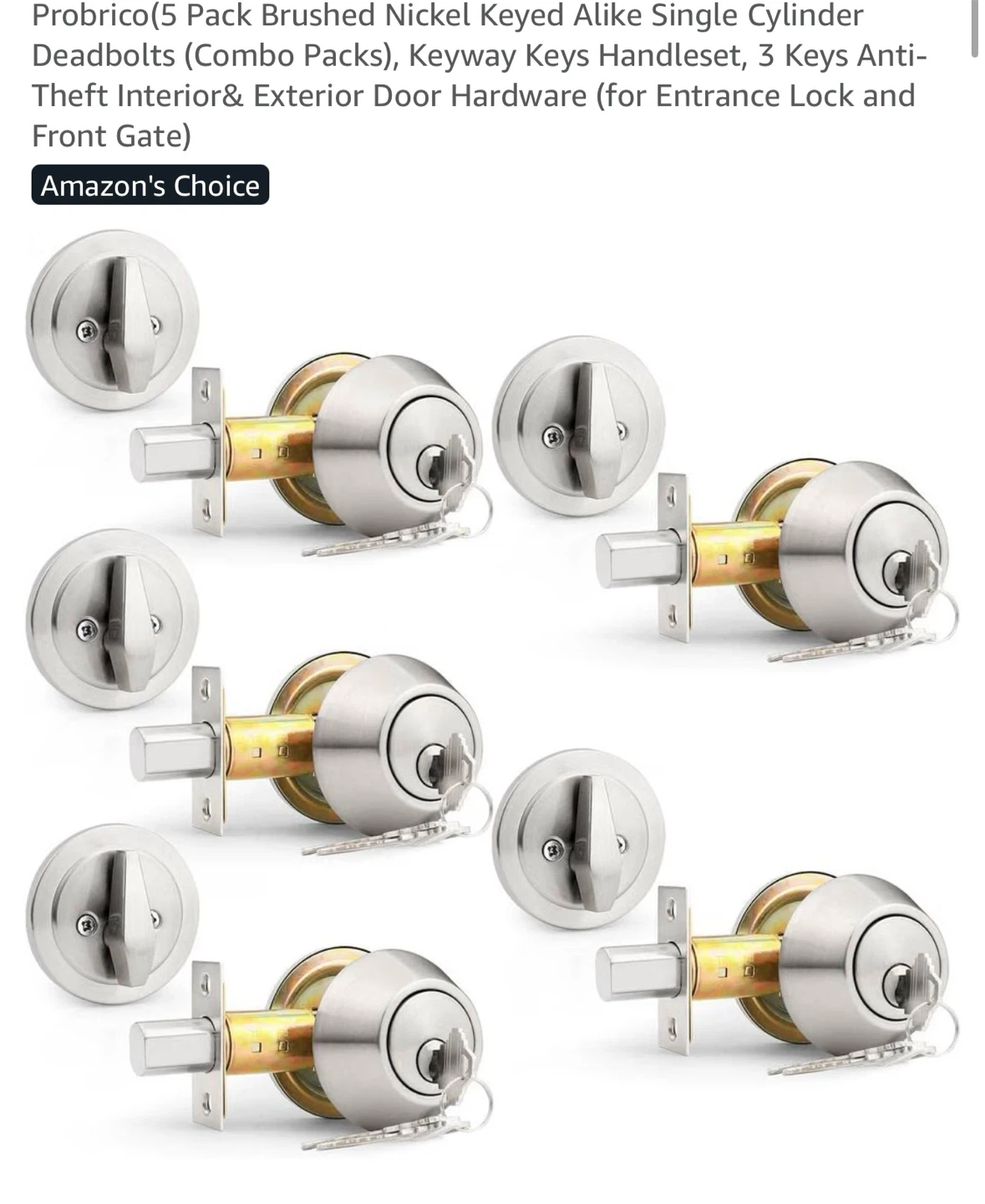 ProBrico Single Cylinder Deadbolt Lockset - Brushed Nickel