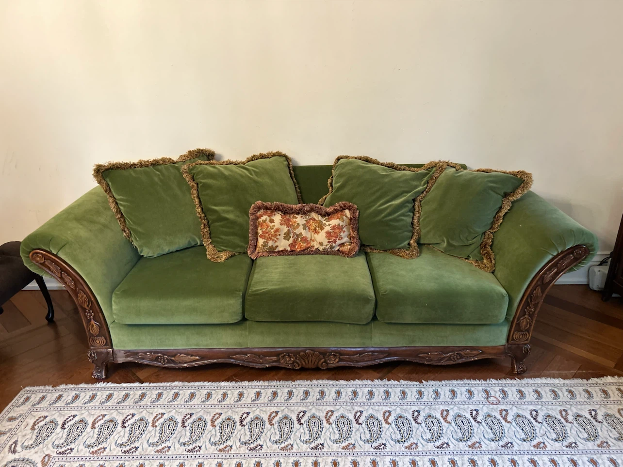 Green Velvet Sofa with Carved Wood Accents - photo 2