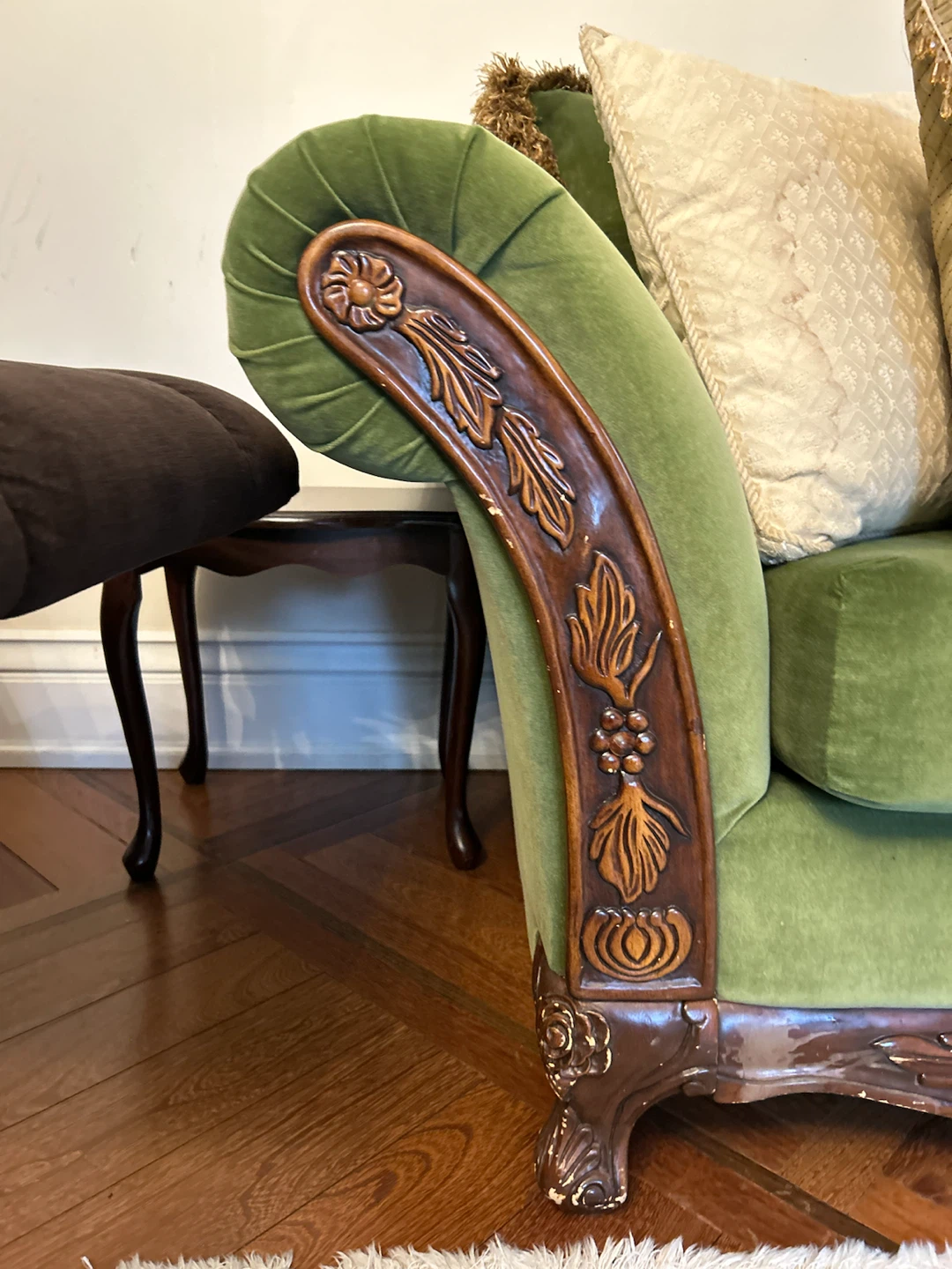 Green Velvet Sofa with Carved Wood Accents - photo 3
