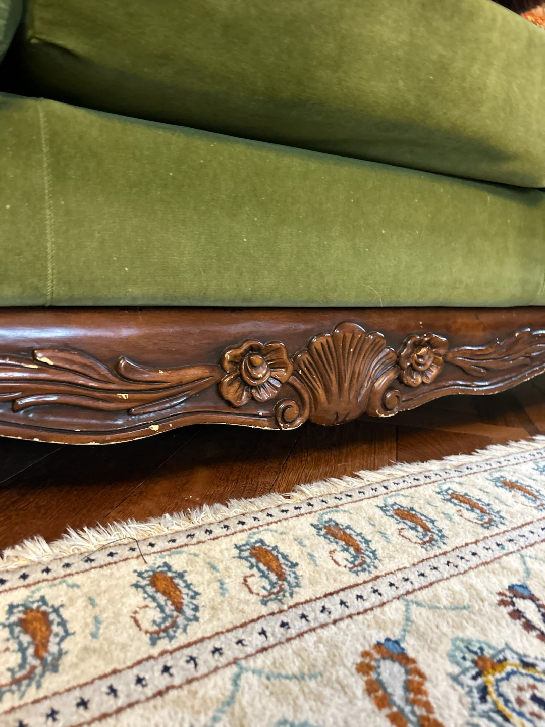 Green Velvet Sofa with Carved Wood Accents - photo 4