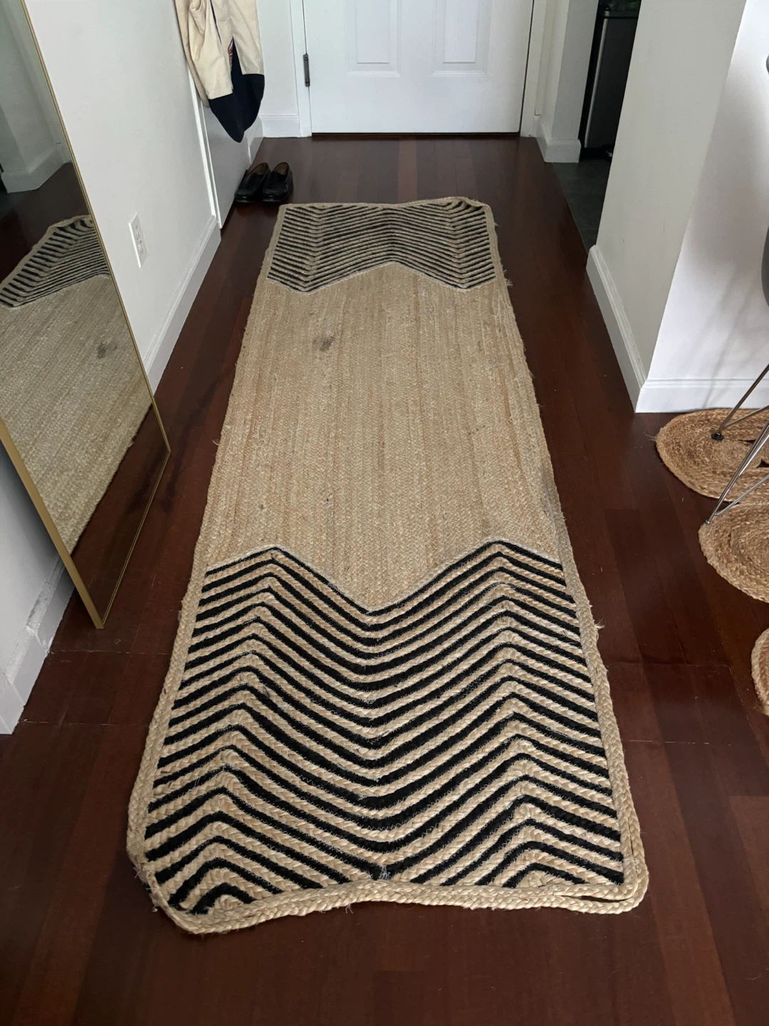 Jute Runner Rug with Black Chevron Pattern