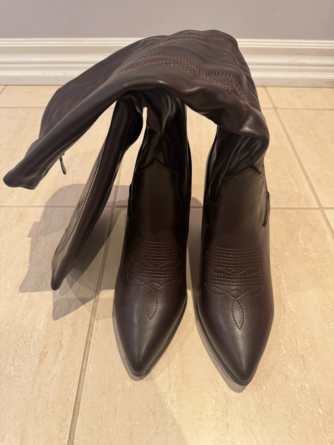 Brown Faux Leather Cowboy Boots