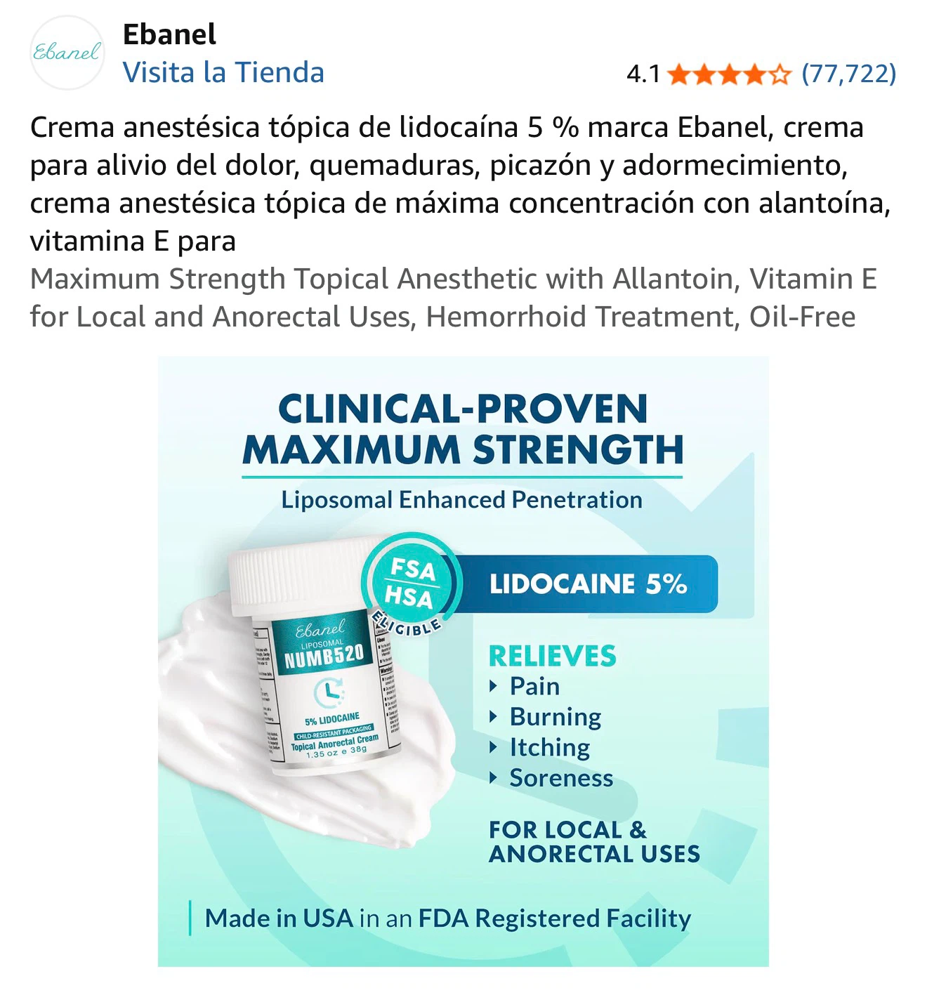 Ebanel Numb520 Topical Anorectal Cream 5% Lidocaine 1.35 oz - photo 5