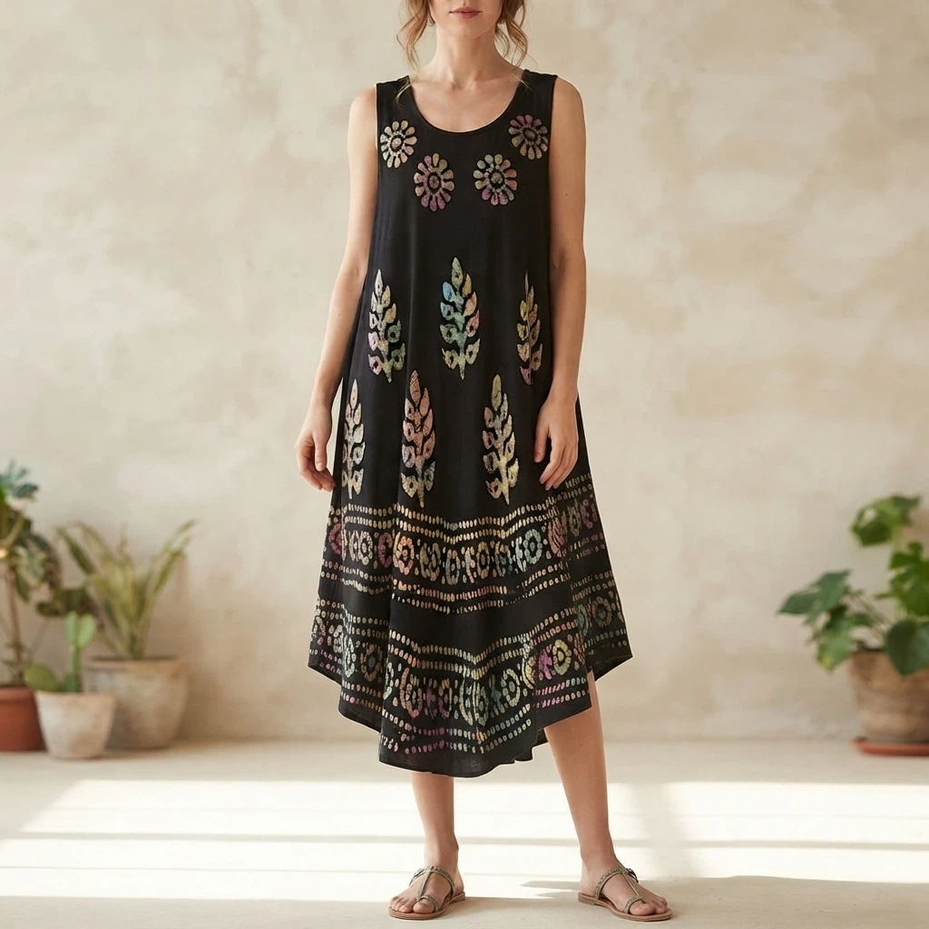 India Boutique Black Batik Print Flowy Dress Boho Sundress OS