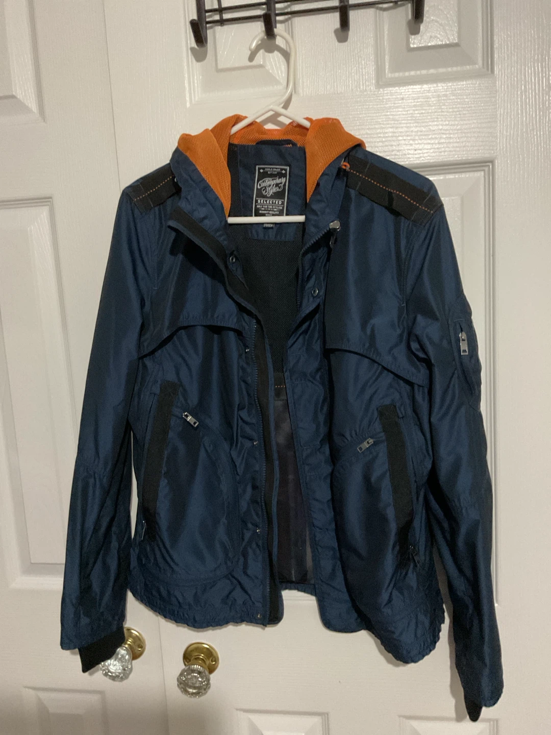 Navy Blue Hooded Jacket with Orange Trim