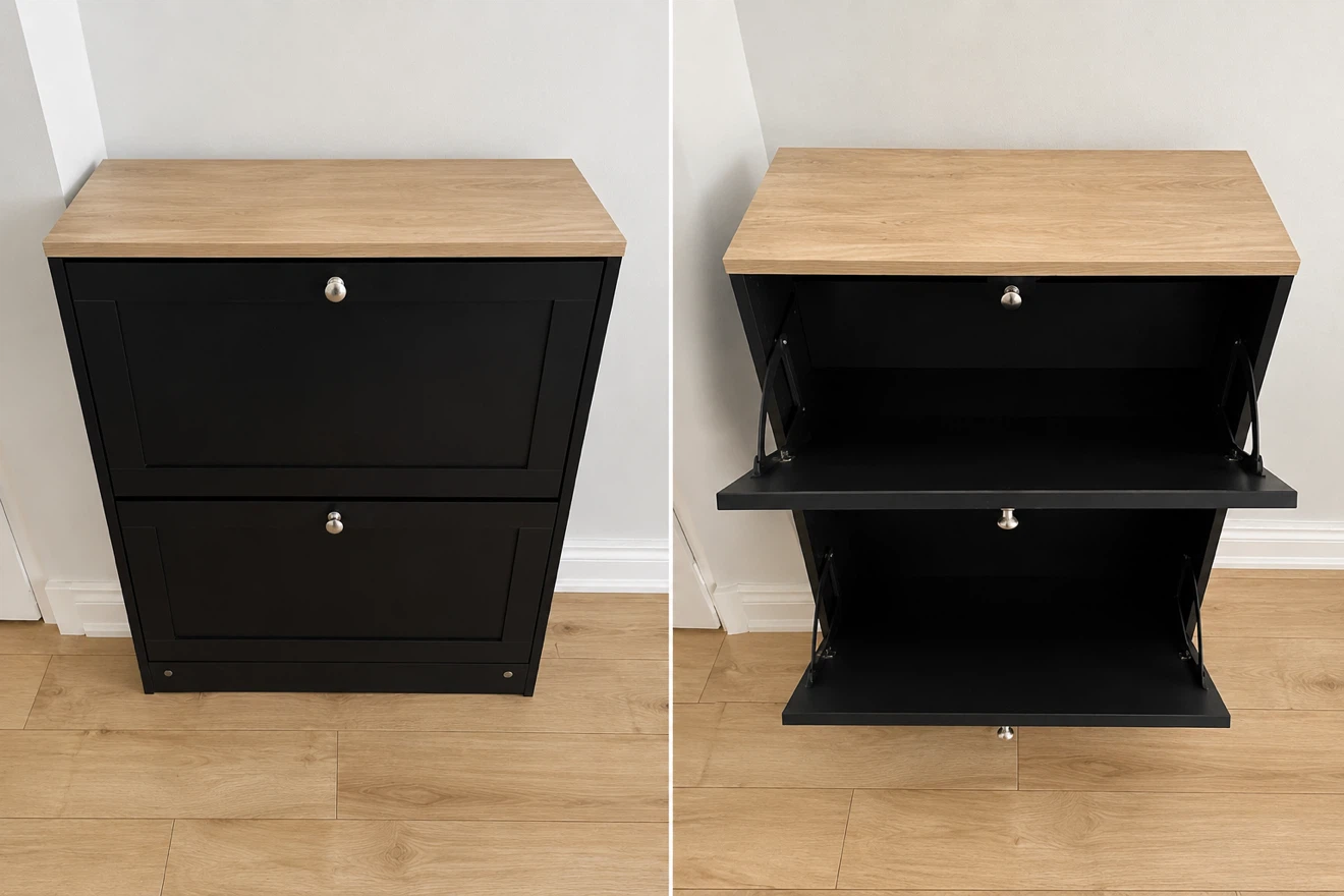 Black 2-Tier Shoe Cabinet with Wood Top