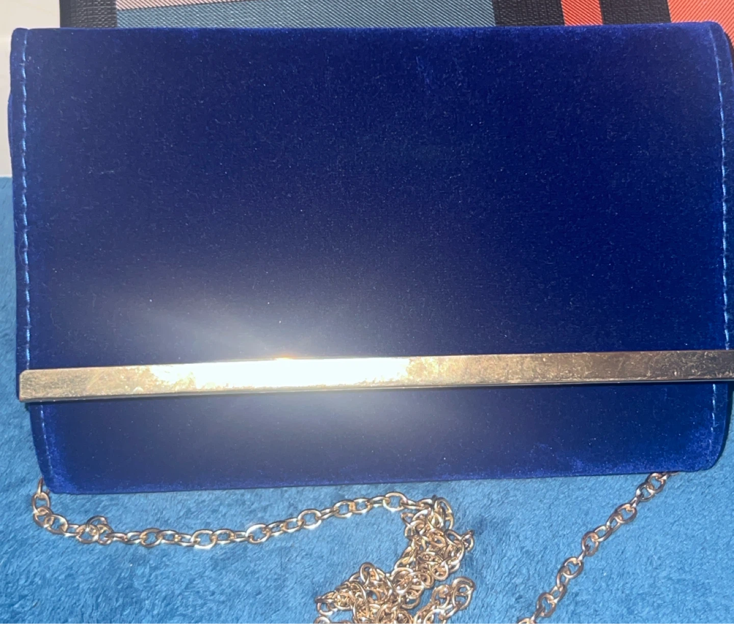 Blue Velvet Clutch with Gold Chain