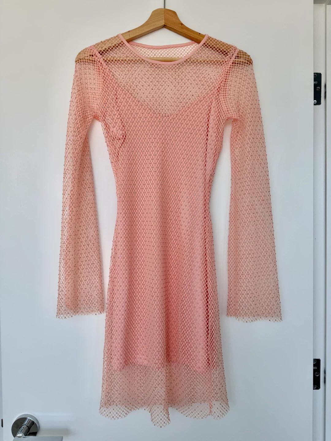Size M rhinestone mesh long flared sleeve pink slip dress