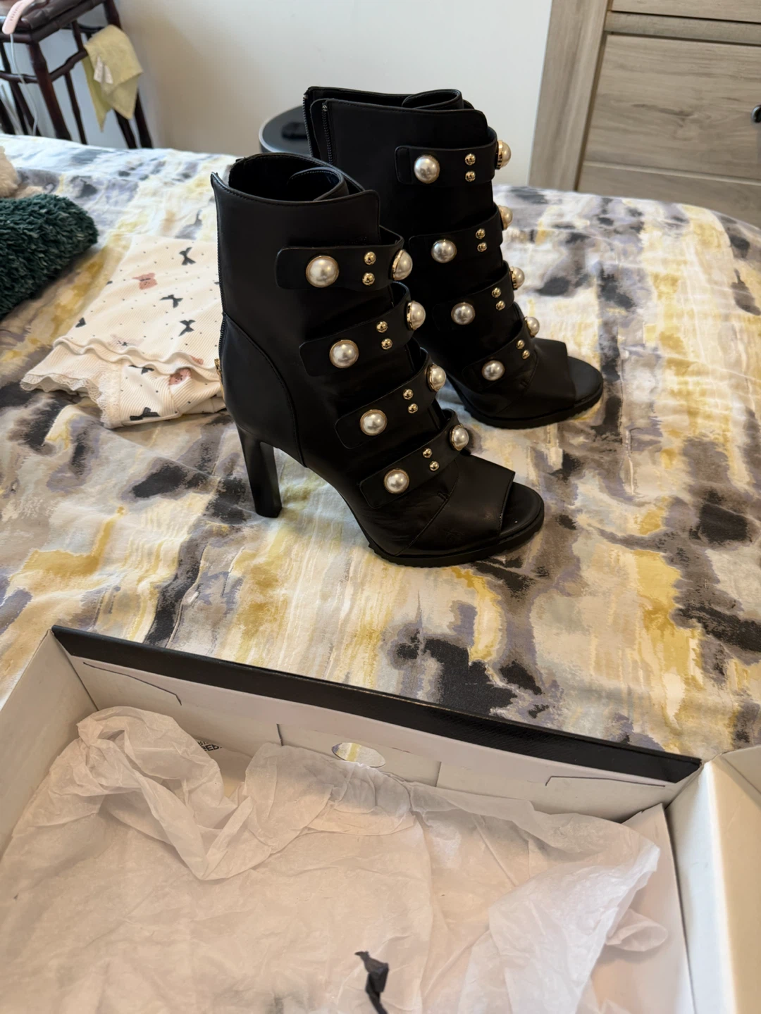 Karl Lagerfeld Paris Black Leather Peep-Toe Boots - photo 3