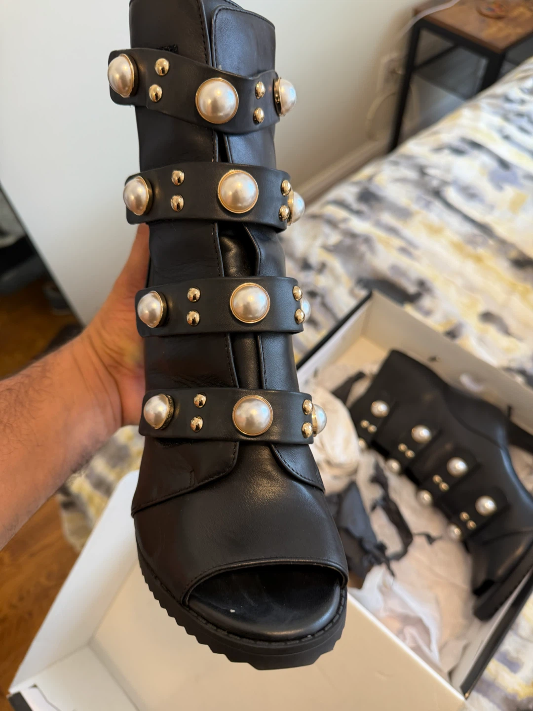 Karl Lagerfeld Paris Black Leather Peep-Toe Boots - photo 5