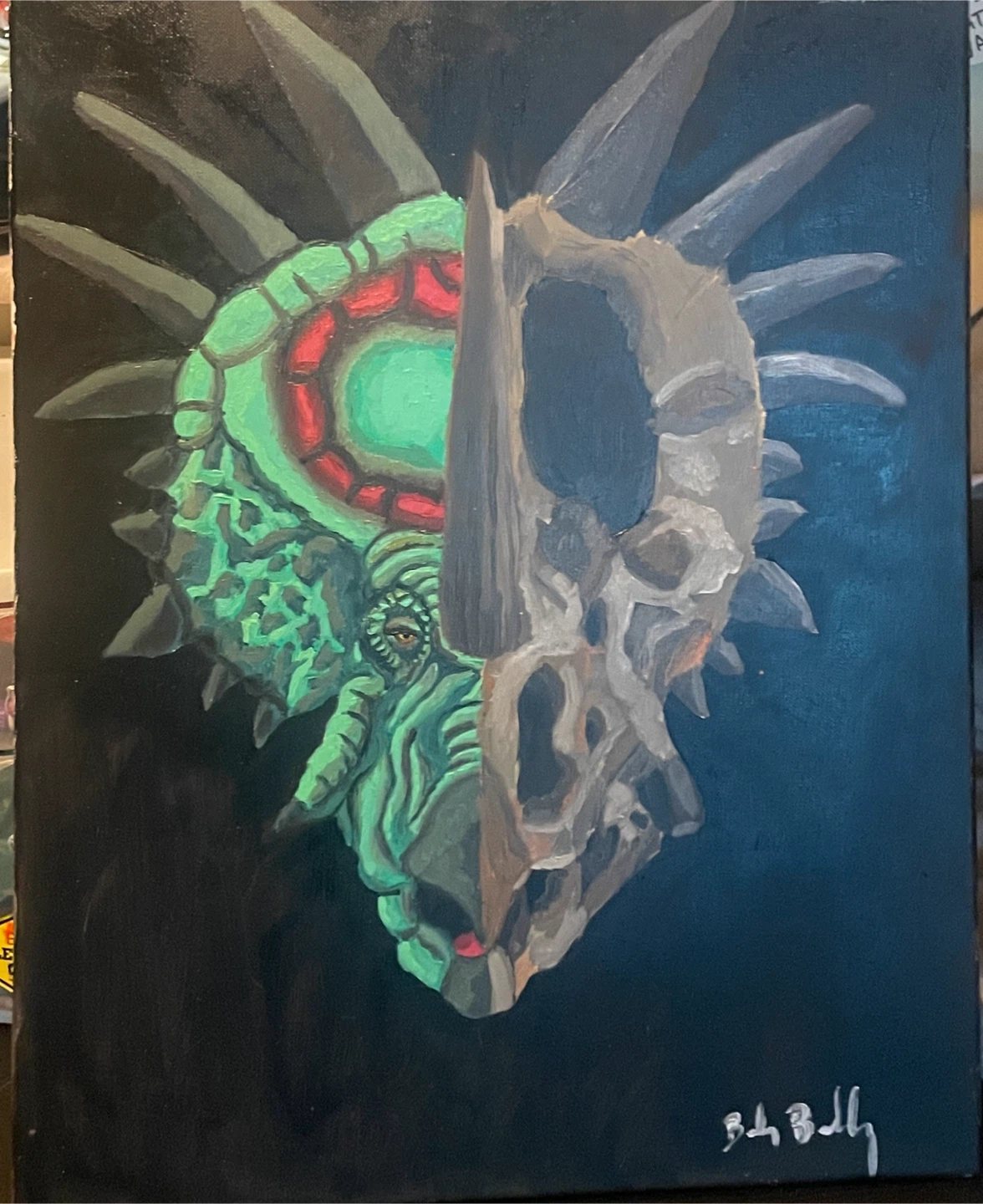 Hand-painted Dinosaur Skull Art