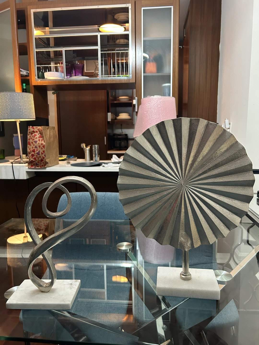 Silver Metal Fan Sculpture and Swirl Accent Piece