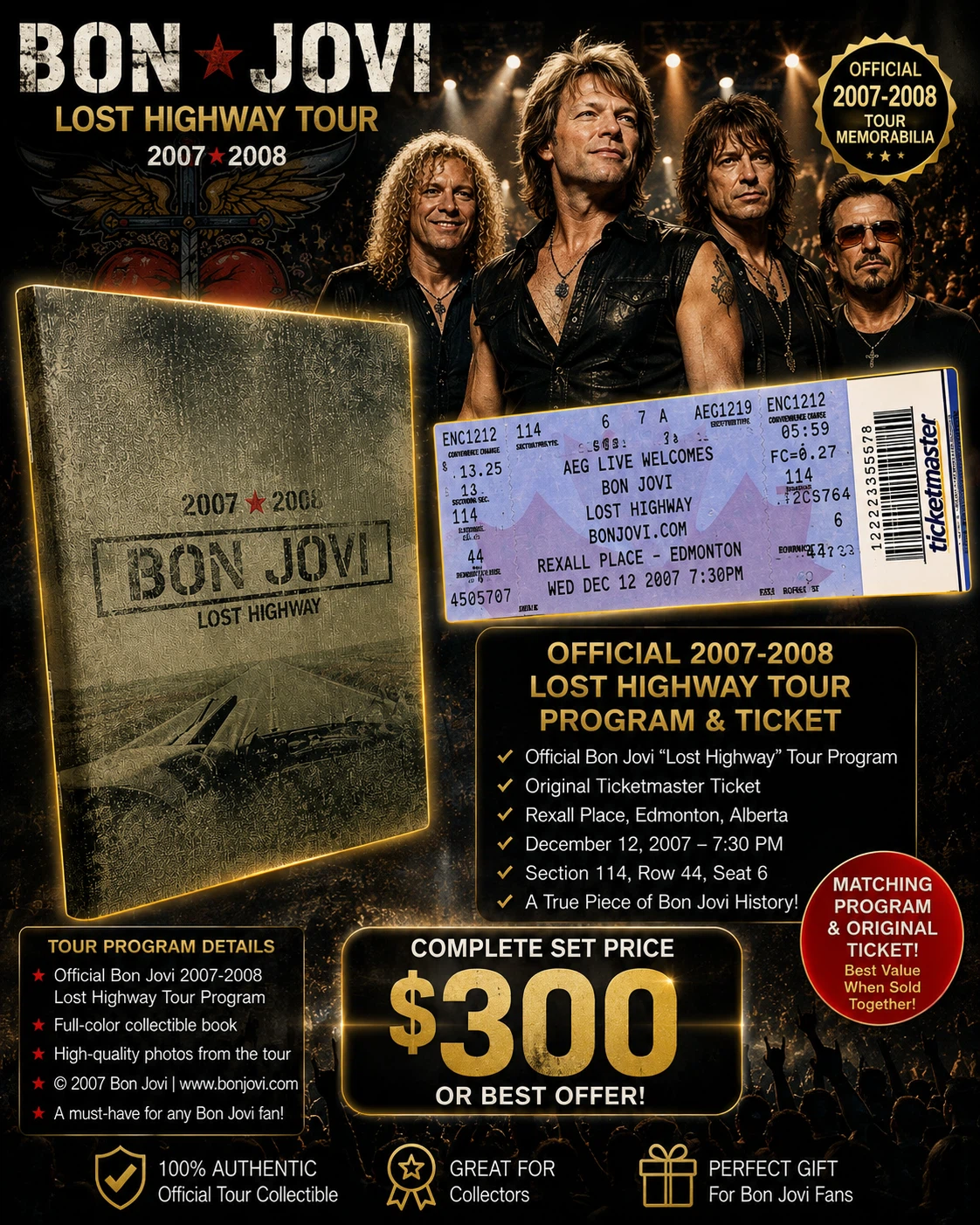 BON JOVI LOST HIGHWAY TOUR PROGRAM & ORIGINAL TICKET