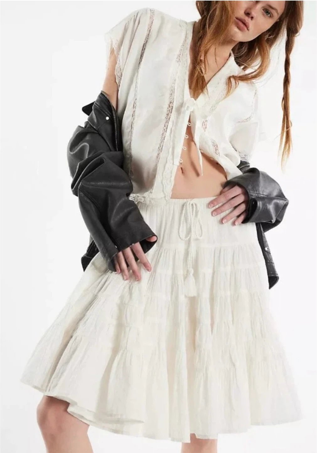 Free People White Tiered Midi Skirt